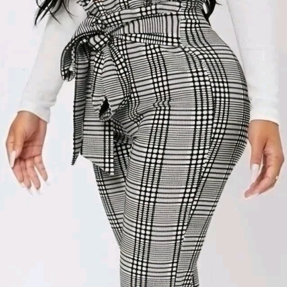 Black white plaid Classic houndstooth  Workwear Office Pants built-in belt L